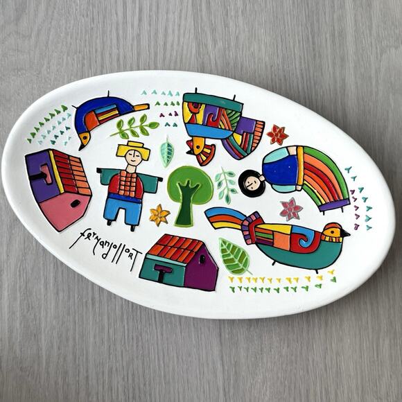 Fernando Llort Signed Art Ceramic Decor Plate Wall Deco Egyptian Bird 12" x 7" - Picture 3 of 7